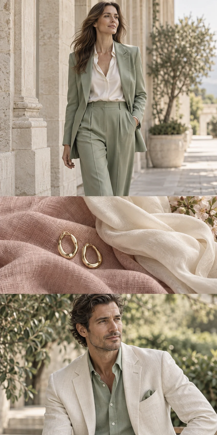Frühlingscollage mit Damen- und Herrenmode in Salbei, Rosé und Creme sowie feinen Stoffen und Schmuck.